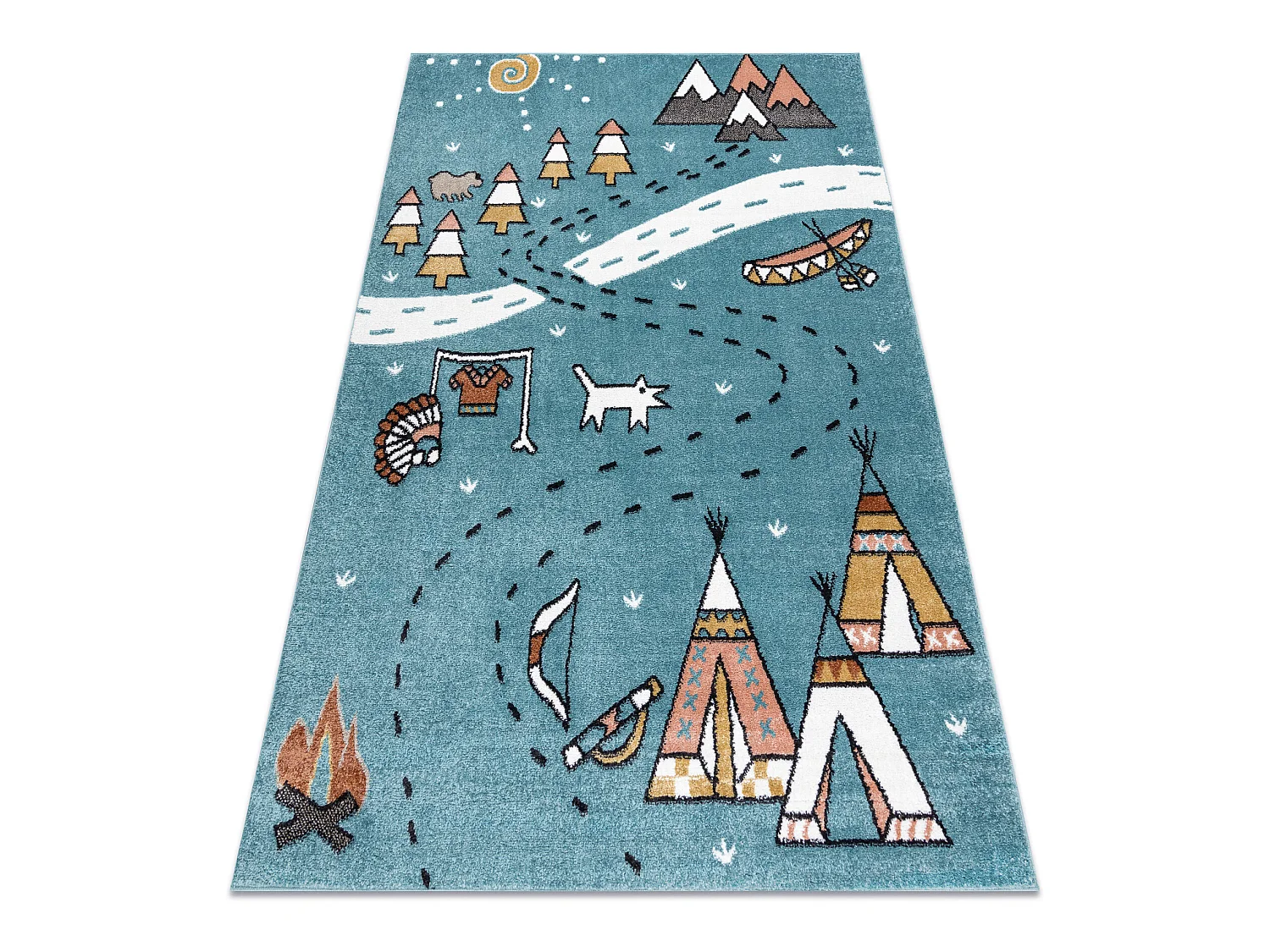 Teppich FUN Indian für Kinder, Indianerdorf, Tiere blau 80x150 cm