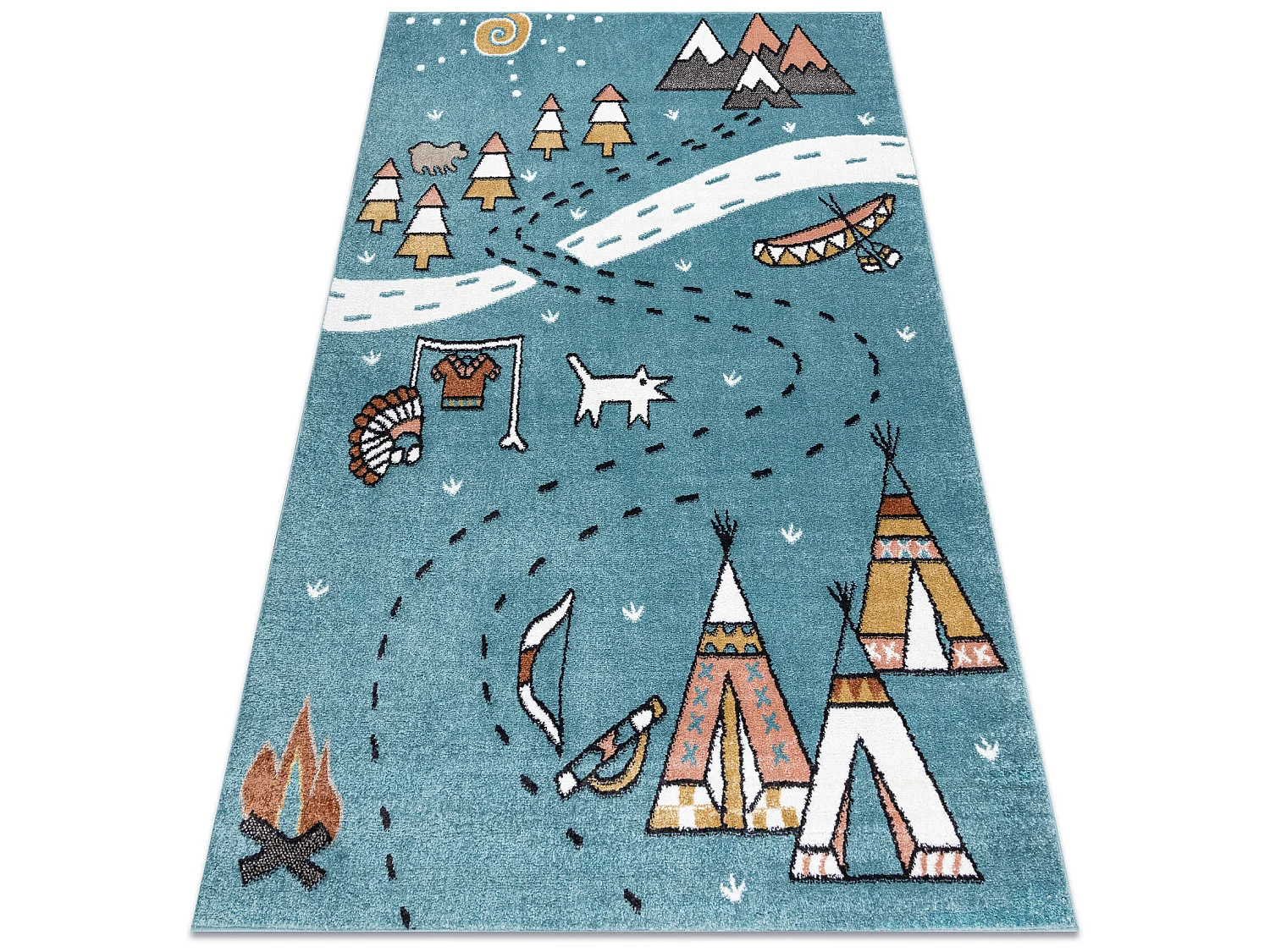 Tapis FUN Indian pour enfants, village indien, animaux bleu 80x150 cm
