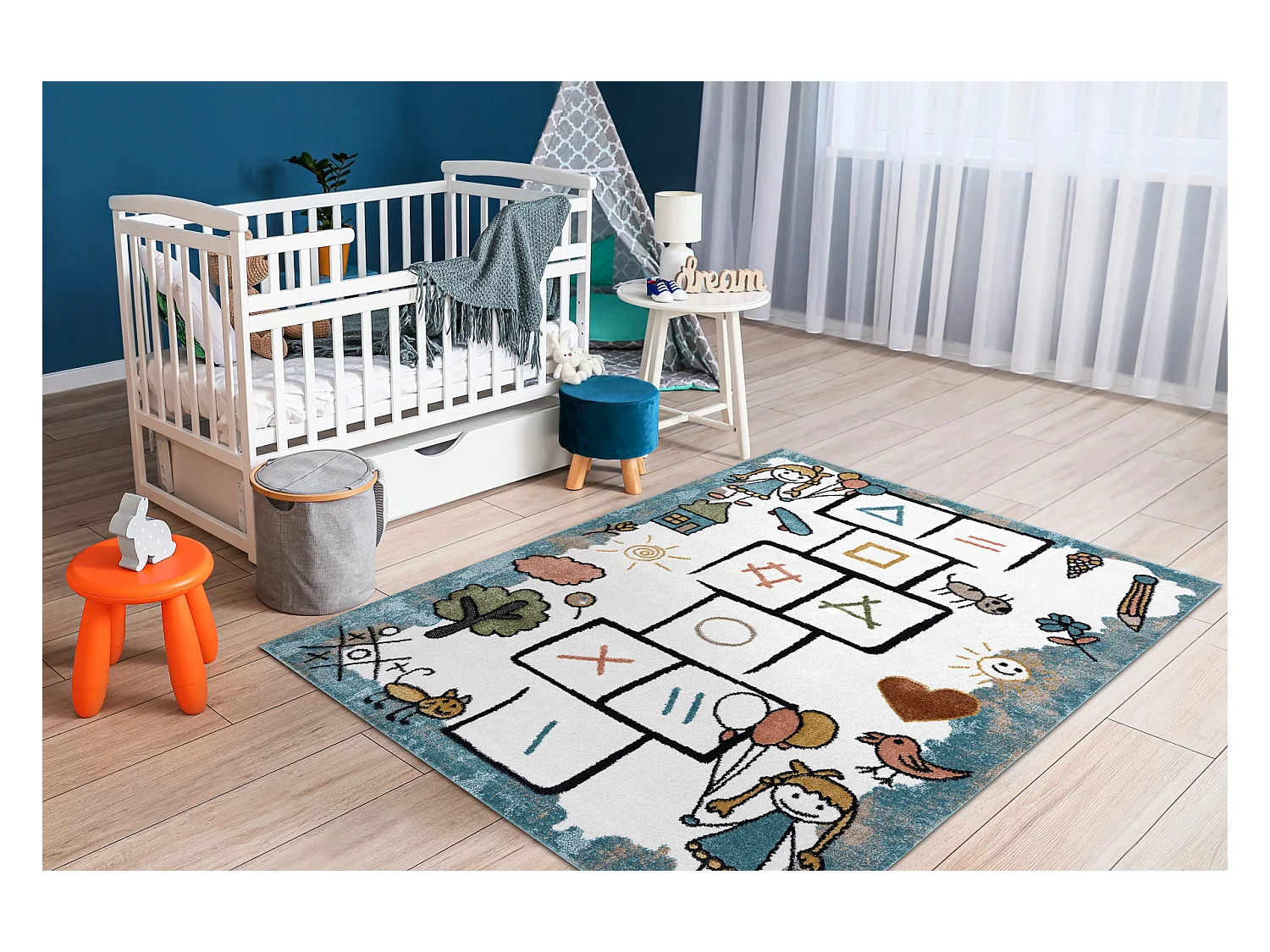 Tapis FUN Hop pour enfants, la marelle, animaux bleu 280x370 cm