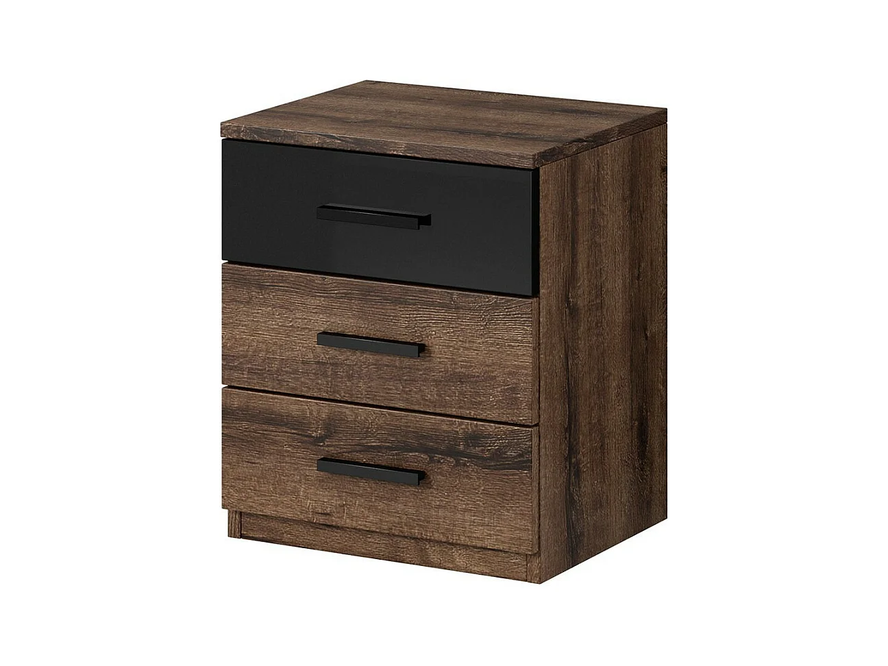 Chambre à coucher FLOYD : Armoire 220cm, Lit 140x200, commode, chevets. Couleur chêne foncé et noir brillant