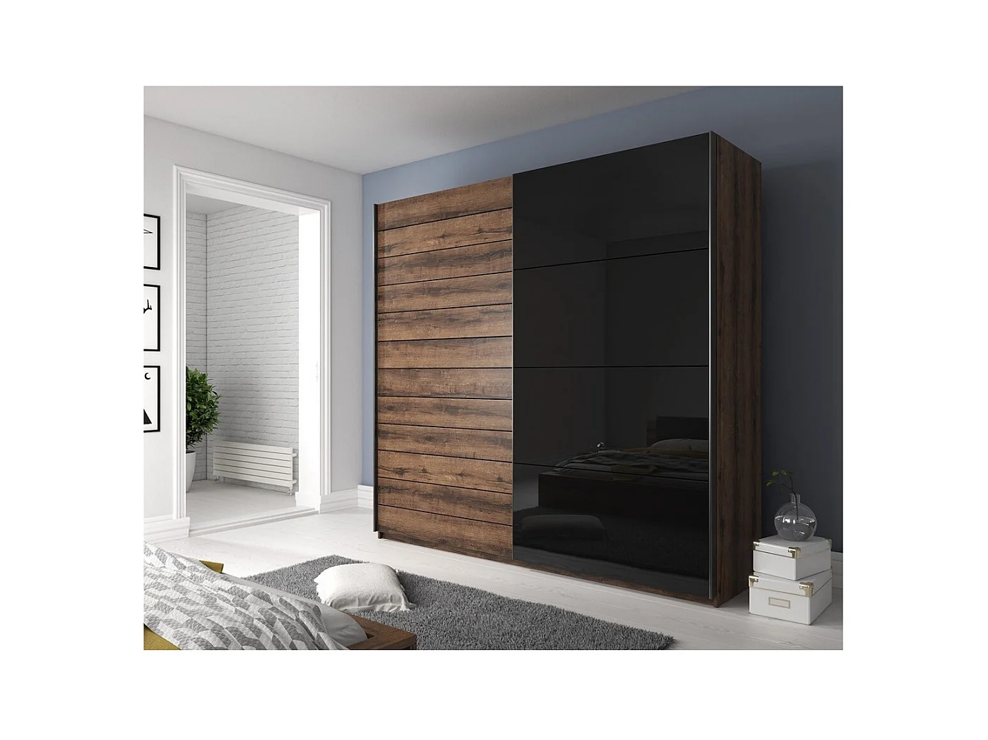 Chambre à coucher FLOYD : Armoire 220cm, Lit 140x200, commode, chevets. Couleur chêne foncé et noir brillant