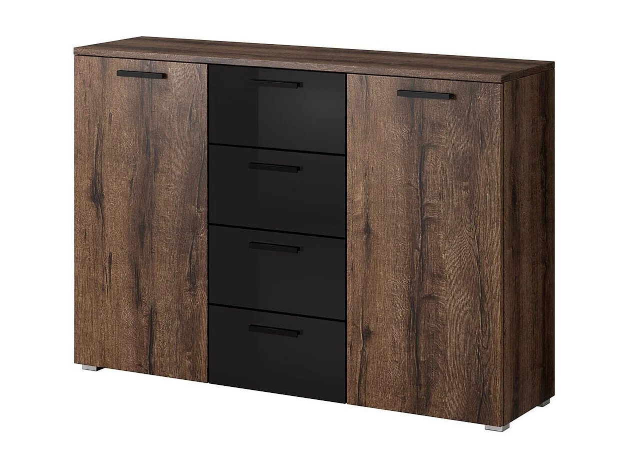 Slaapkamer FLOYD: Kledingkast 220cm, Bed 140x200, dressoir, nachtkastjes. Kleur donker eiken en glanzend zwart.