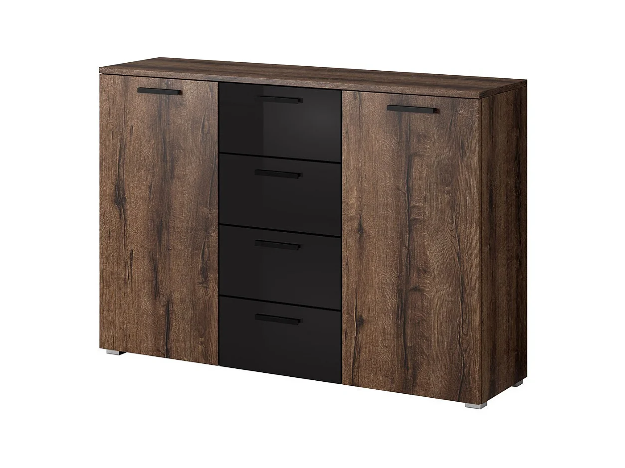 Chambre à coucher FLOYD : Armoire 220cm, Lit 160x200, commode, chevets. Couleur chêne foncé et noir brillant