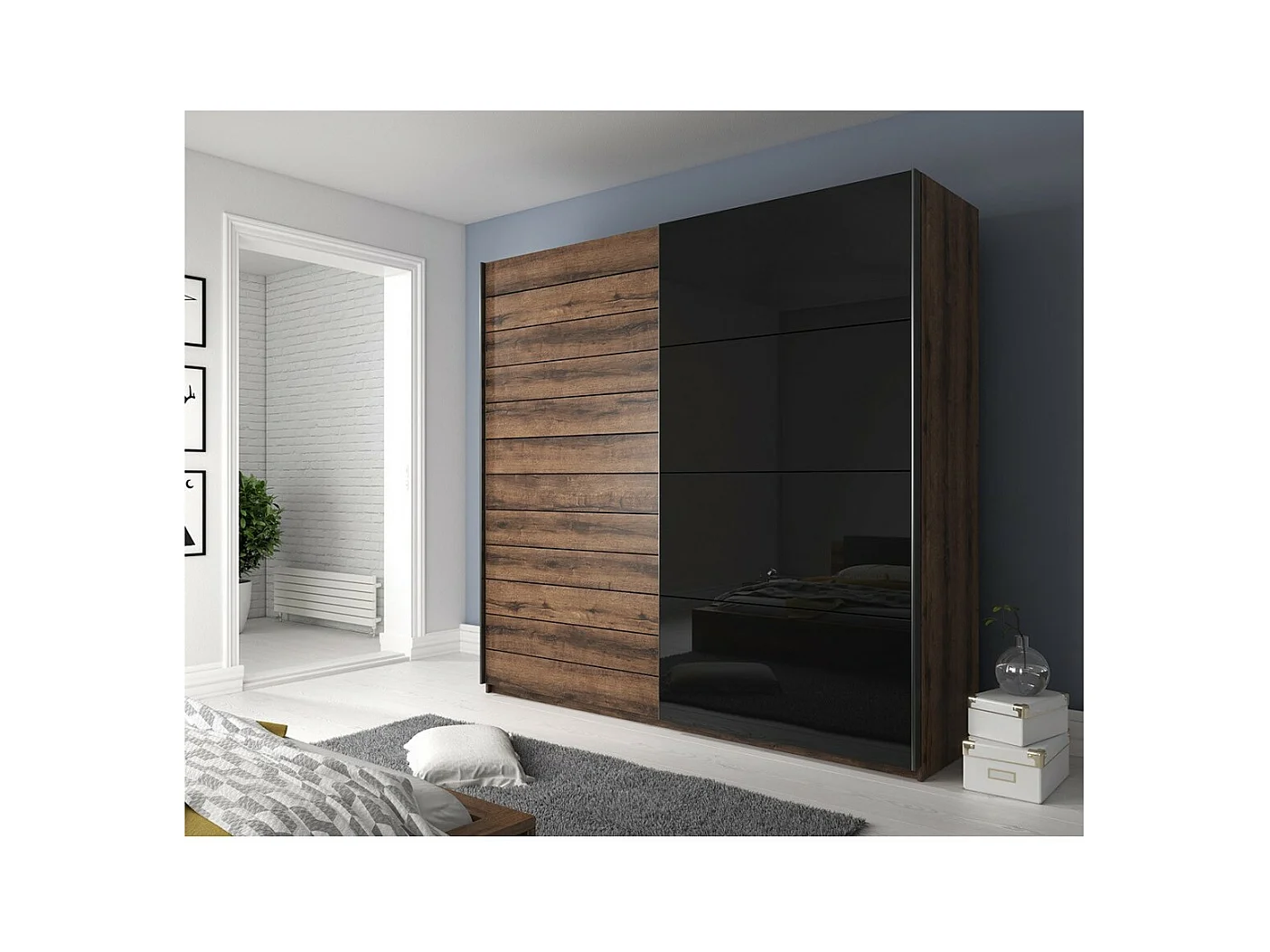 Chambre à coucher FLOYD : Armoire 220cm, Lit 160x200, commode, chevets. Couleur chêne foncé et noir brillant
