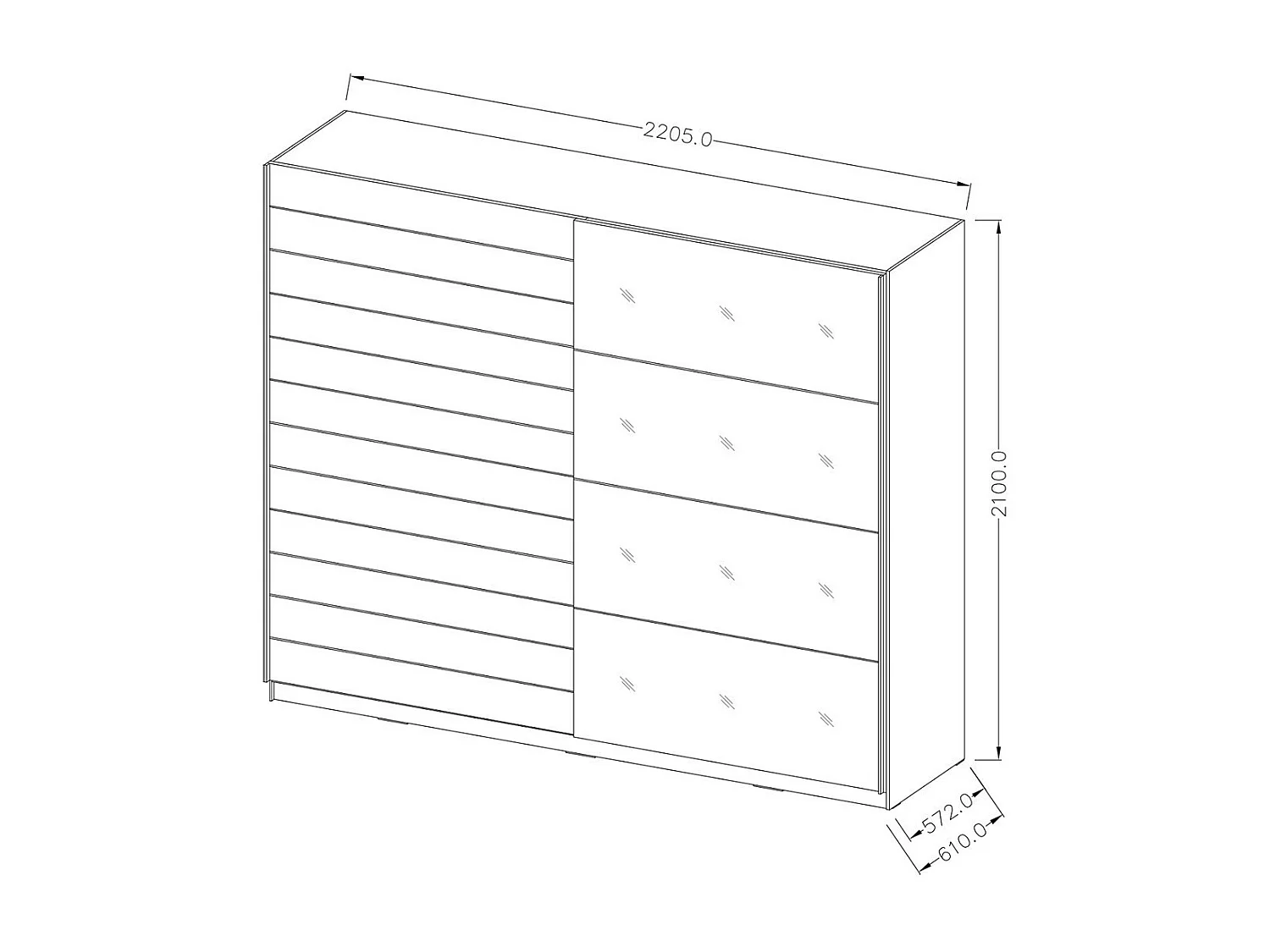 Slaapkamer EOS: Kledingkast 220x210, Bed 180, dressoir, nachtkastjes. Kleur donker eiken en zwart.