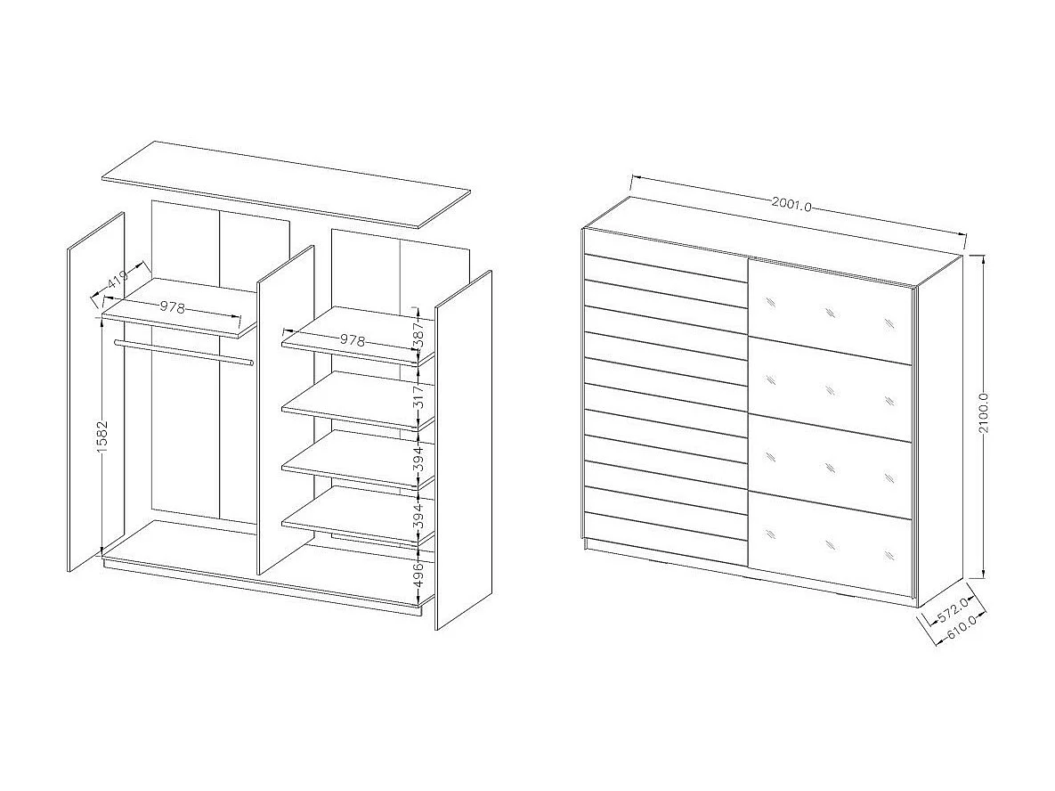 Chambre à coucher FLOYD : Armoire 200cm, Lit 160x200, commode, chevets. Coloris blanc effet bois.
