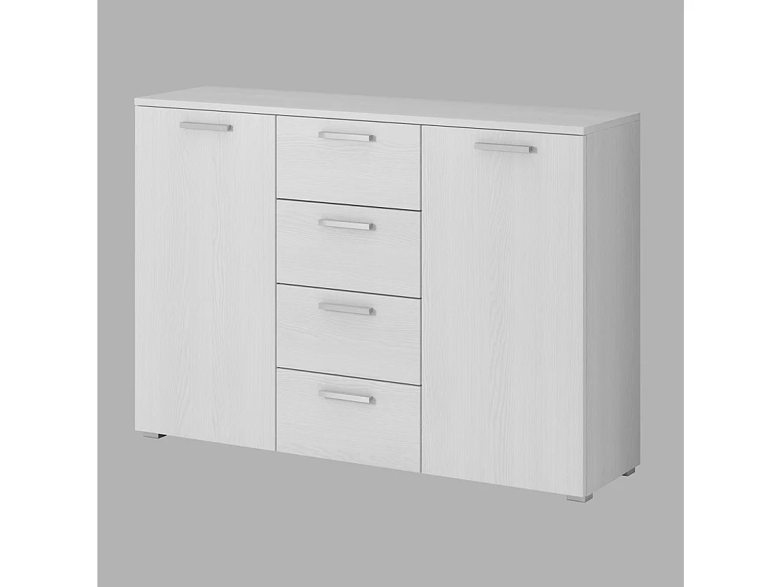 Chambre à coucher FLOYD : Armoire 200cm, Lit 160x200, commode, chevets. Coloris blanc effet bois.