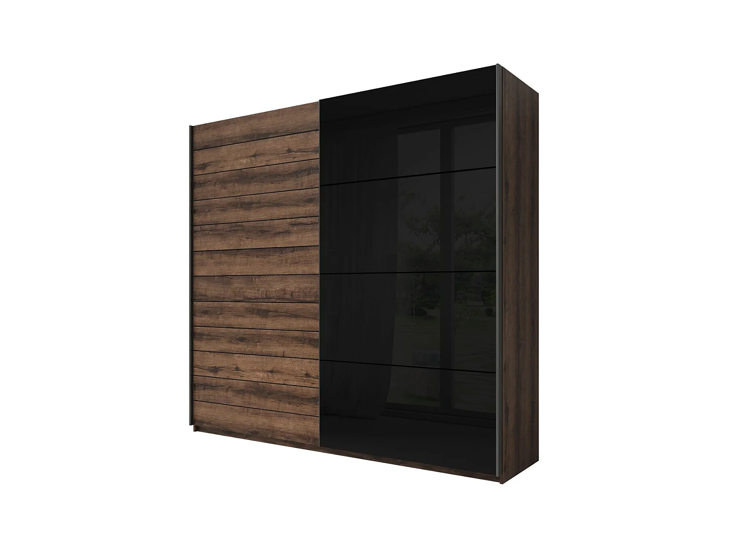 Chambre à coucher FLOYD : Armoire 220cm, Lit 180x200, commode, chevets. Couleur chêne foncé et noir brillant