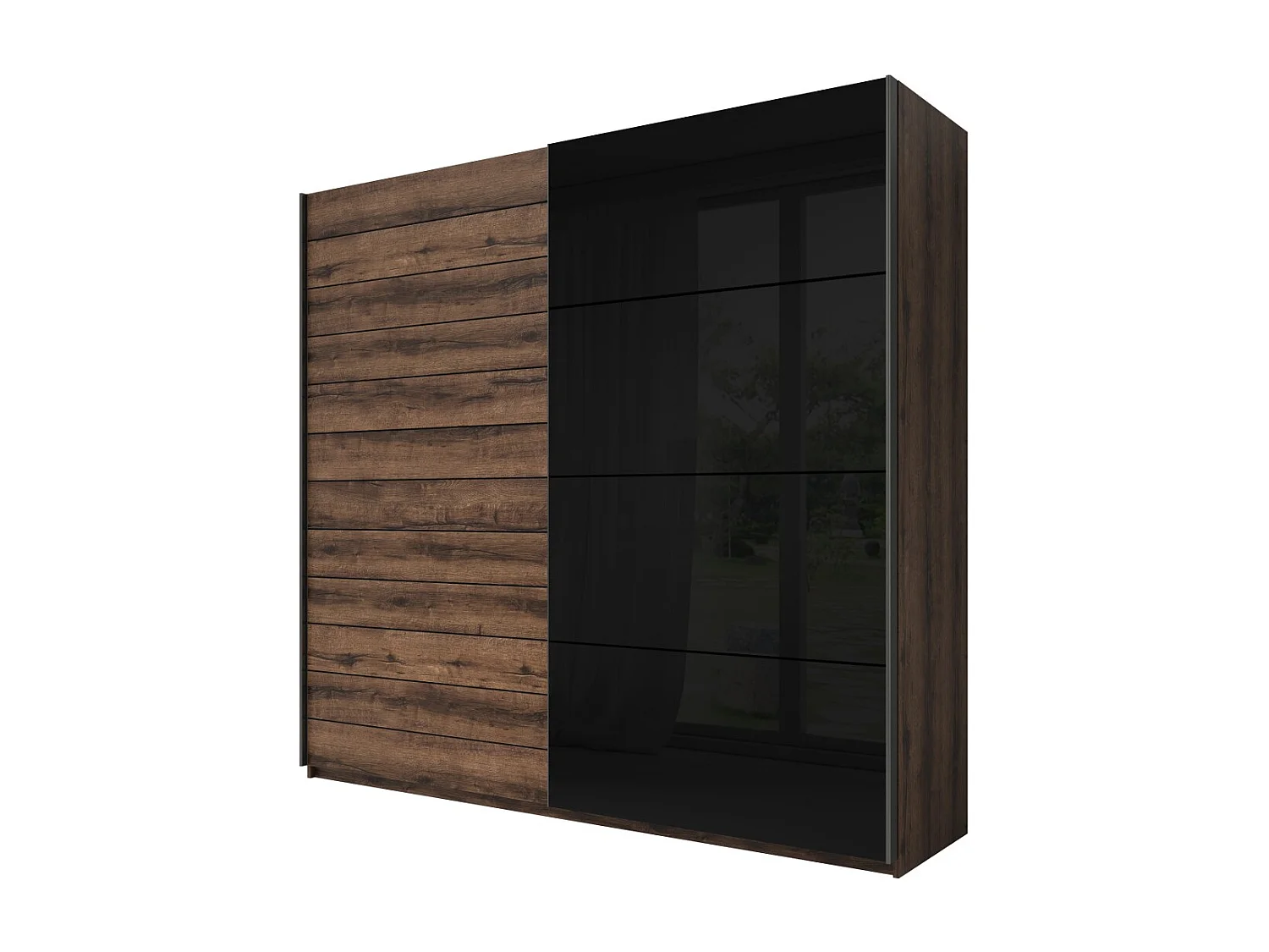 Chambre à coucher FLOYD : Armoire 220cm, Lit 180x200, commode, chevets. Couleur chêne foncé et noir brillant