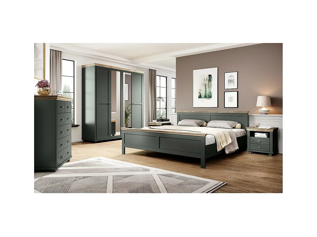 Chambre à coucher ASSIA : Armoire 200cm, Lit 160x200, commode, chevets. Coloris vert kaki et  chêne.