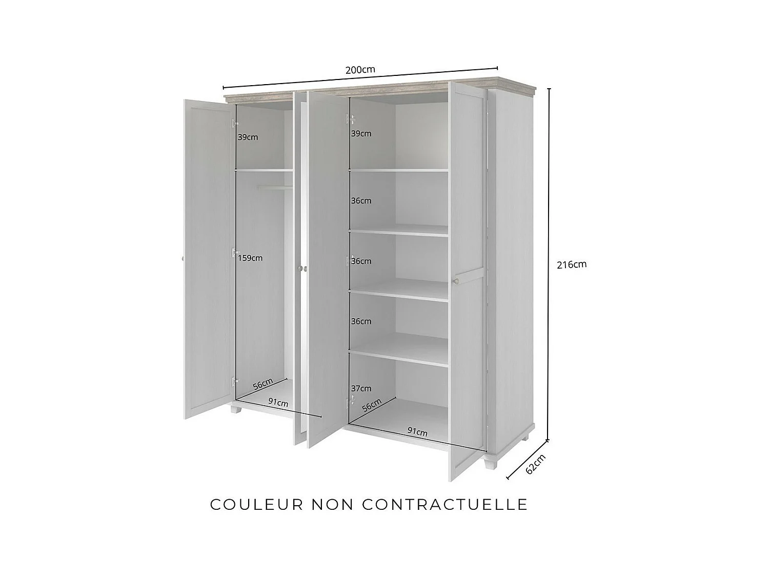 Chambre à coucher ASSIA : Armoire 200cm, Lit 160x200, commode, chevets. Coloris vert kaki et  chêne.