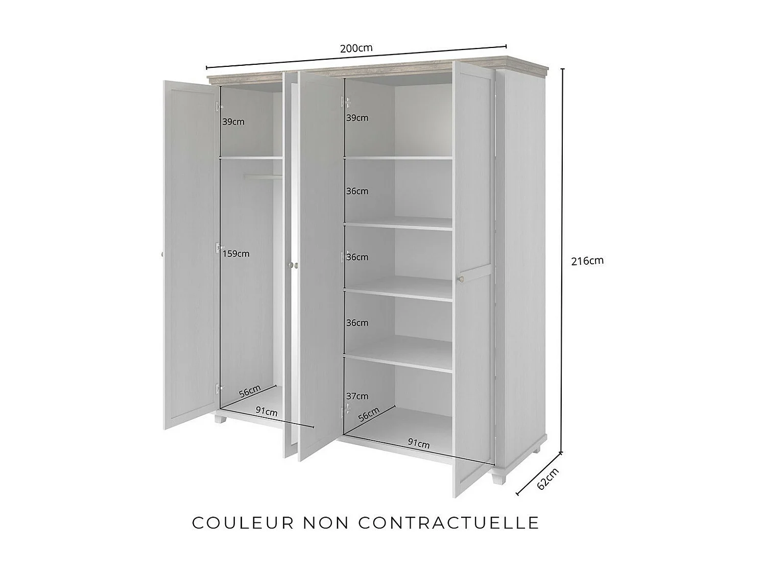 Chambre à coucher ASSIA : Armoire 200cm, Lit 160x200, commode, chevets. Coloris vert kaki et  chêne.