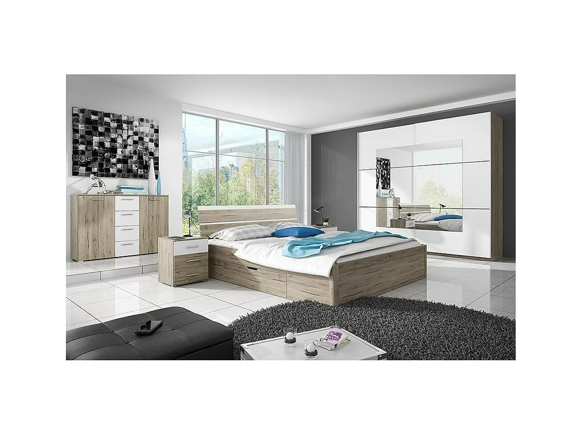 Chambre à coucher EOS : Armoire, Lit 160x200, commode, chevets. Couleur chêne clair et blanc