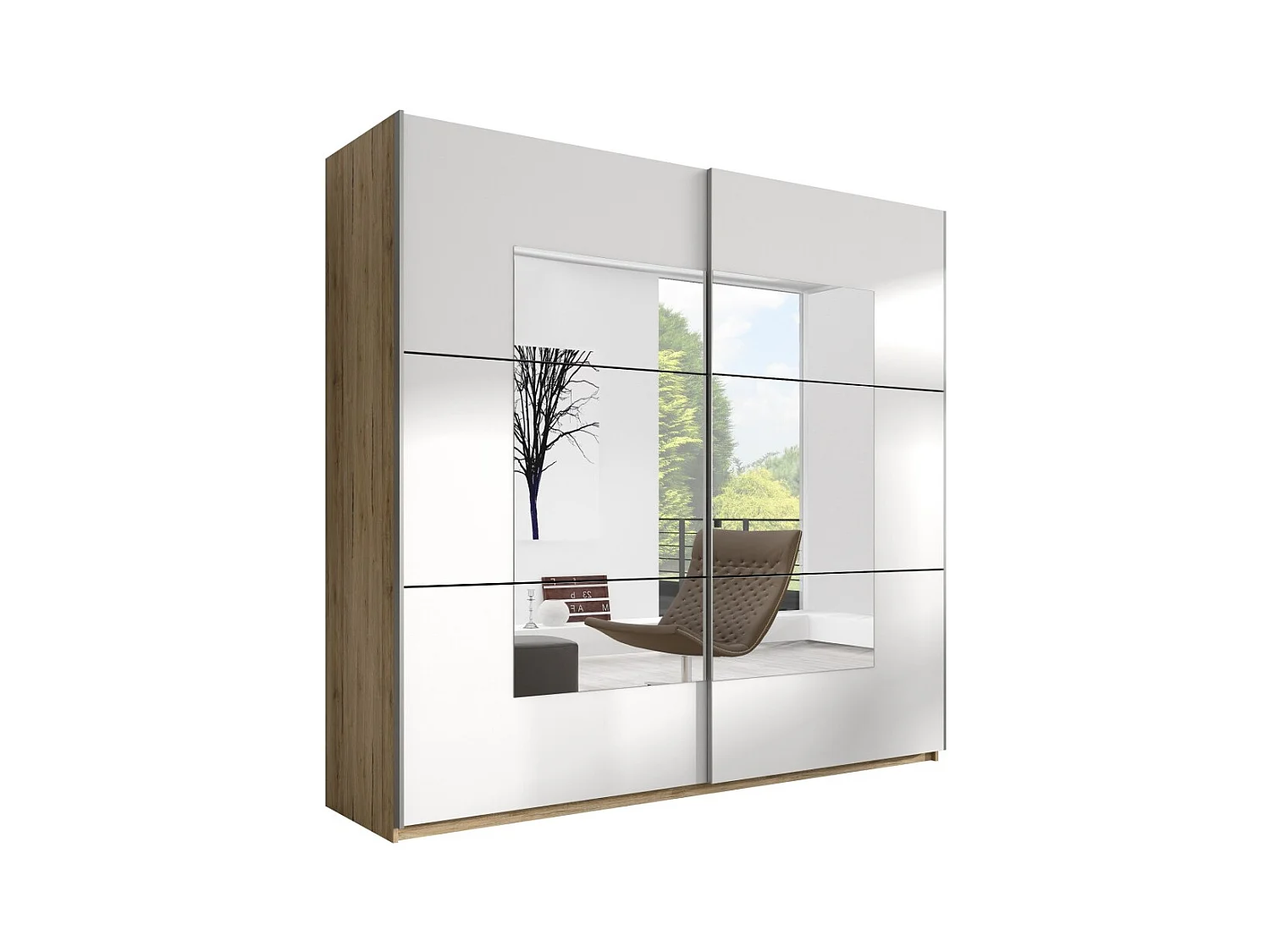 Chambre à coucher EOS : Armoire, Lit 160x200, commode, chevets. Couleur chêne clair et blanc