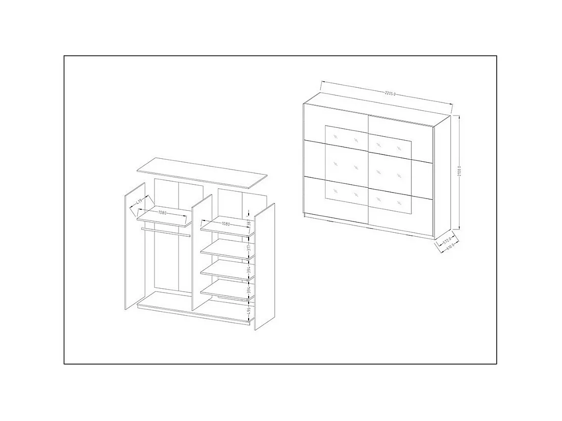 Chambre à coucher EOS : Armoire, Lit 160x200, commode, chevets. Couleur chêne clair et blanc