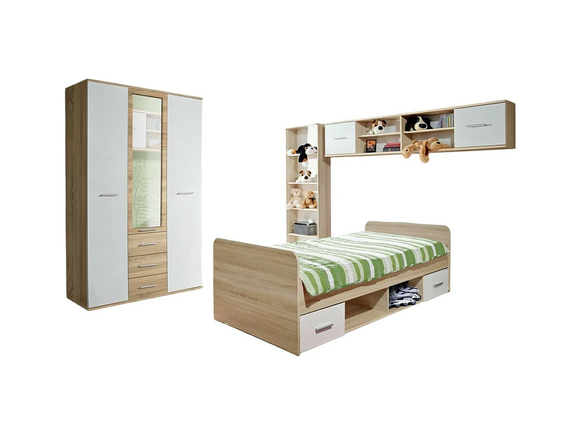 Complete kinder- of tienerkamer, DENVER collectie. Kledingkast met 3 deuren, bed, boekenkast en plank.