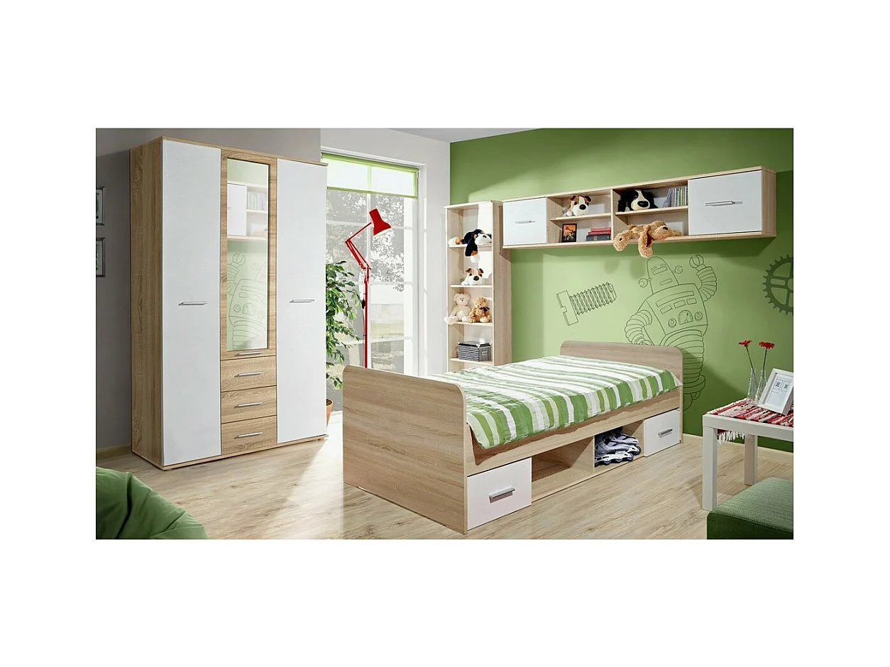 Complete kinder- of tienerkamer, DENVER collectie. Kledingkast met 3 deuren, bed, boekenkast en plank.