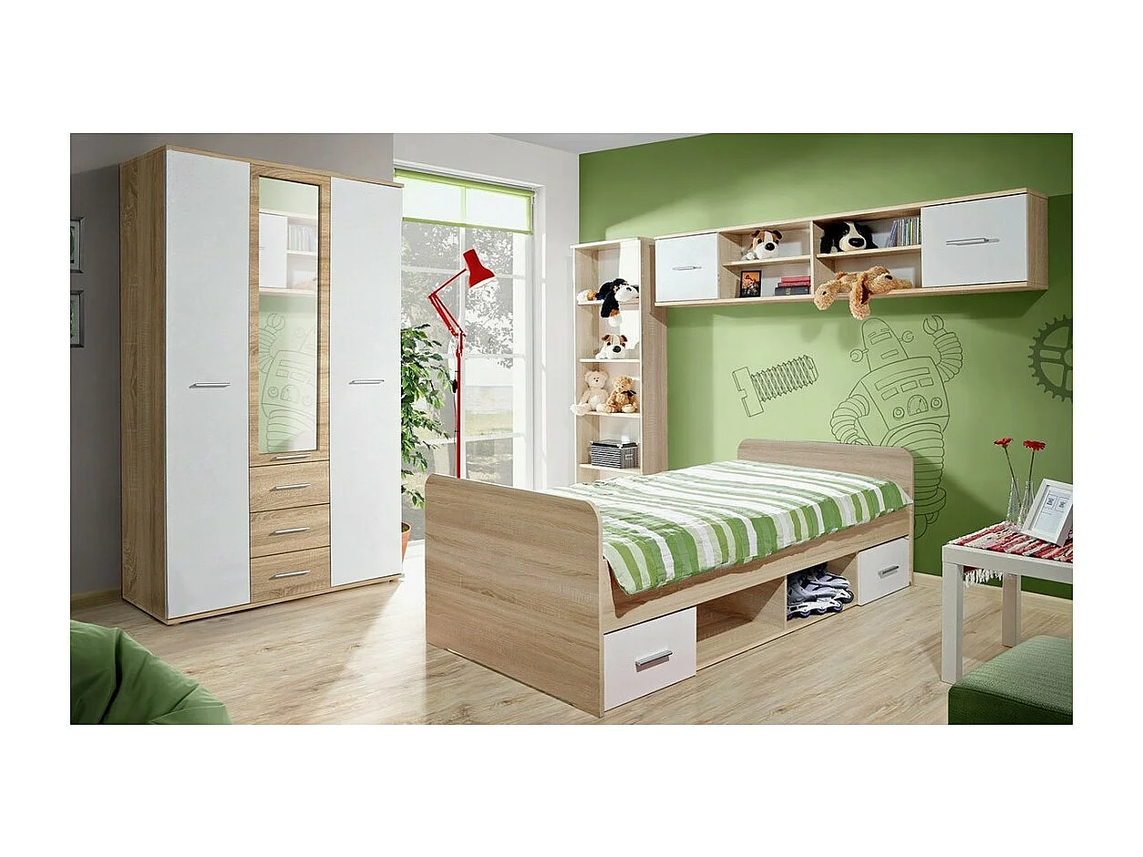 Chambre complète enfant, ado collection DENVER. Armoire 3 portes, Lit, bibliothèque et étagère