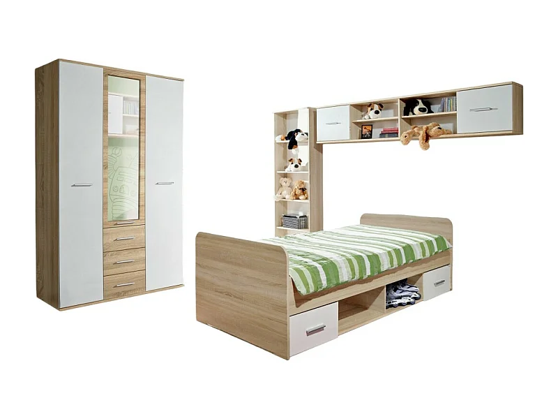 Habitación completa para niños y adolescentes, colección DENVER. Armario de 3 puertas, cama, biblioteca y estantería.