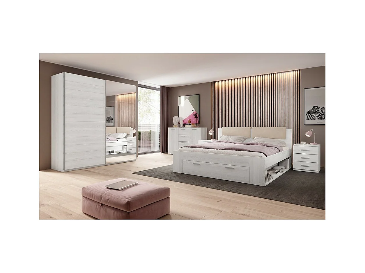 Chambre à coucher FLOYD : Armoire 220cm, Lit 140x200, commode, chevets. Coloris blanc effet bois.