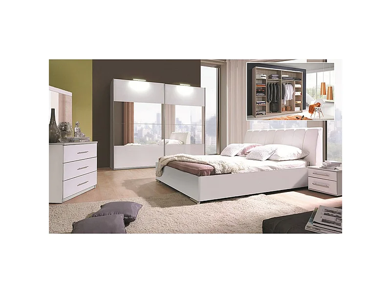 Ensemble VERONA blanc : lit design en simili cuir 180 x 200 cm avec 2 chevets, 1 armoire, 1 commode,  1 matelas MEMORY
