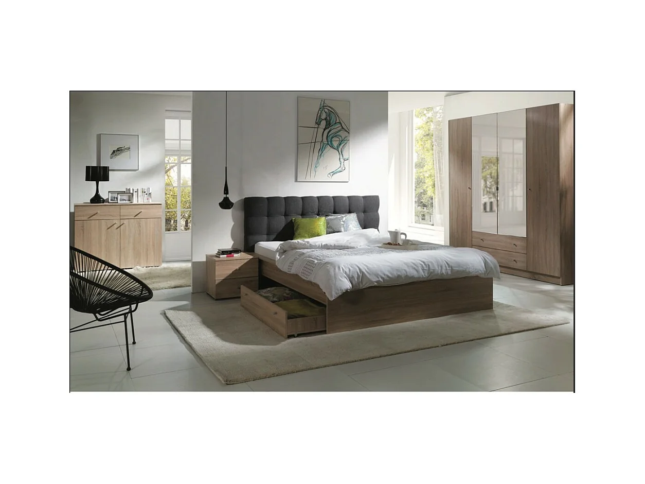 Conjunto para quarto de casal MAXIM. Cama de casal 160x200 cm + gaveta + estrado + dois criados-mudos + cômoda