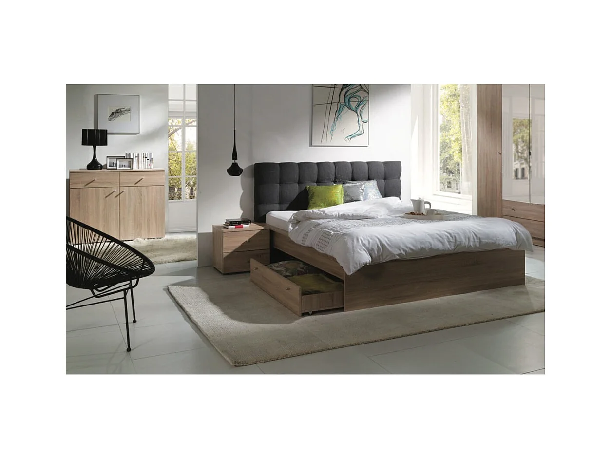 Ensemble pour chambre à coucher MAXIM. Lit adulte deux places 160x200 cm + tiroir + sommier + deux chevets + commode