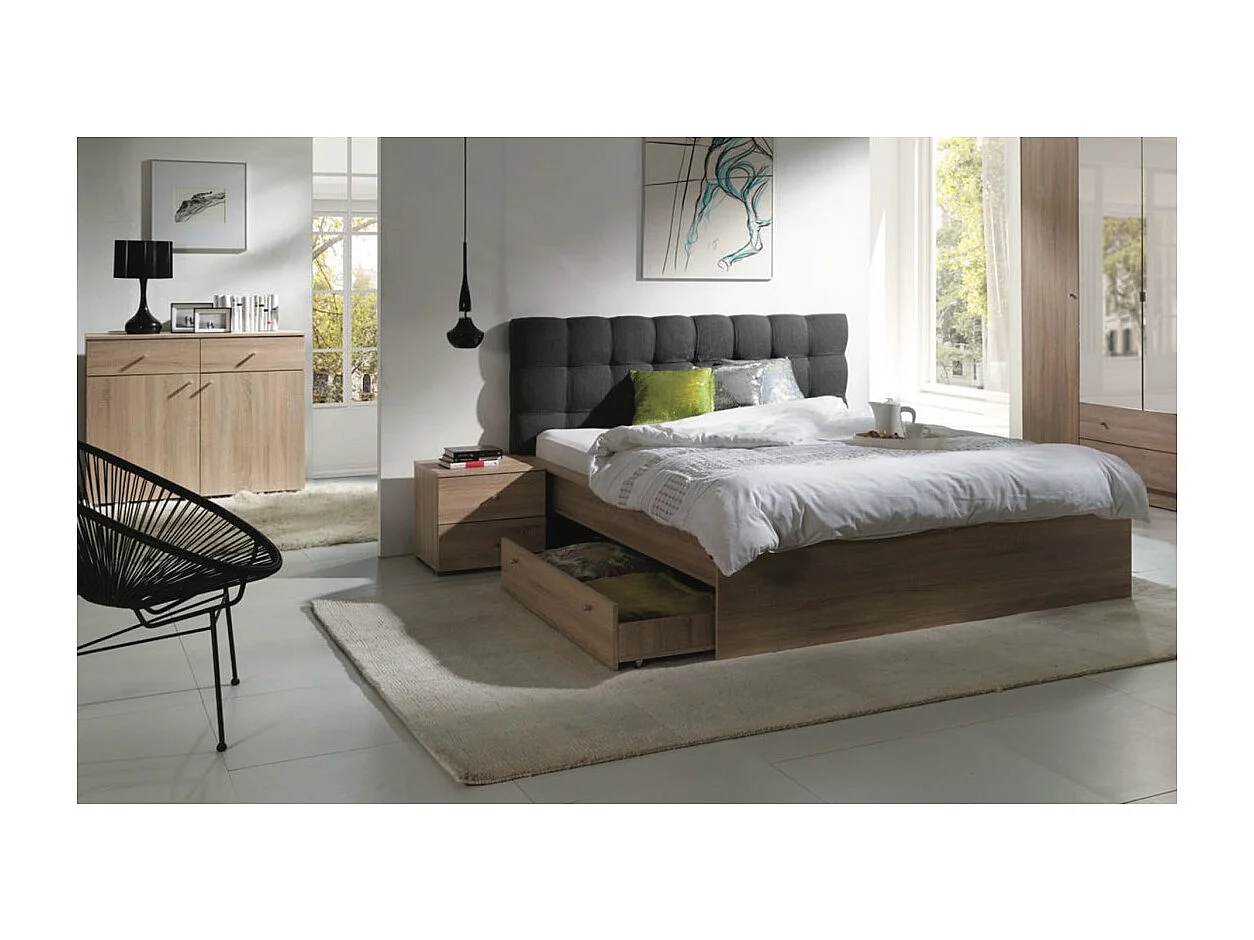 Ensemble pour chambre à coucher MAXIM. Lit adulte deux places 160x200 cm + tiroir + sommier + deux chevets + commode