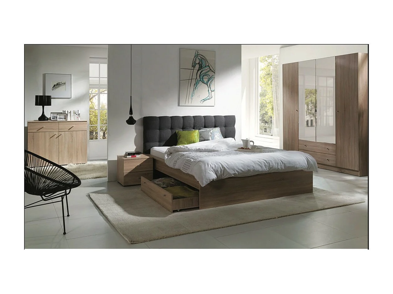 Ensemble pour chambre à coucher MAXIM. Lit adulte deux places 160x200 cm + tiroir + sommier + deux chevets + commode