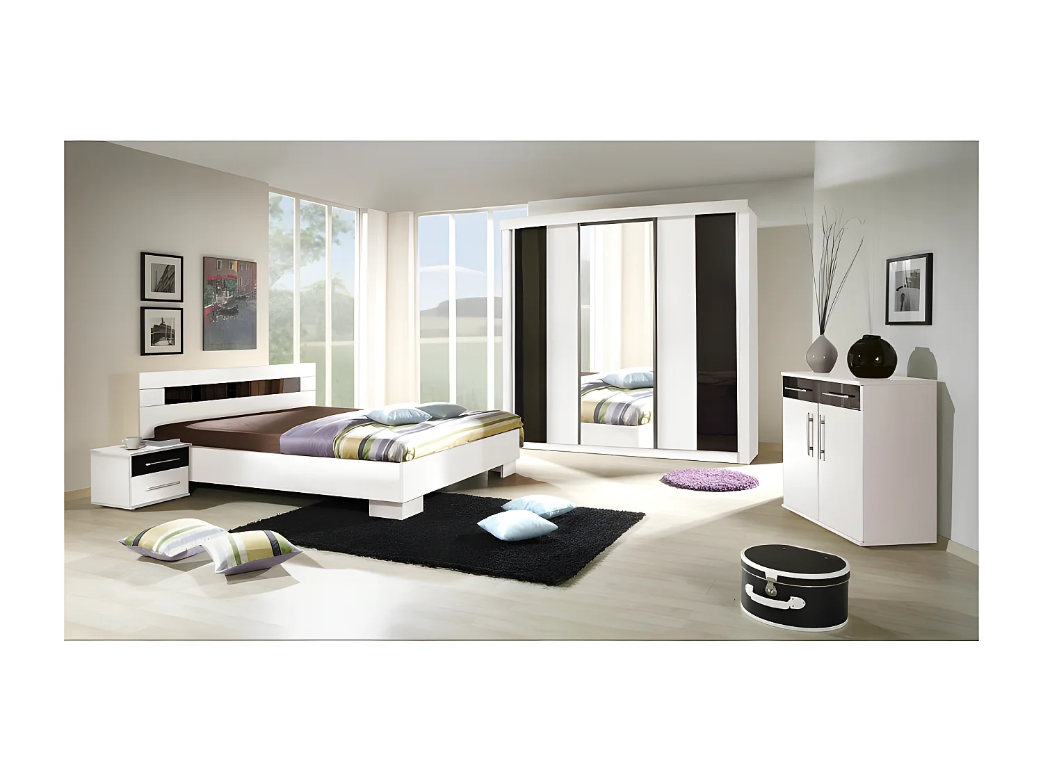 Chambre à coucher complète DUBLIN adulte design blanche. Lit 160x200 cm + armoire + commode + 2 chevets
