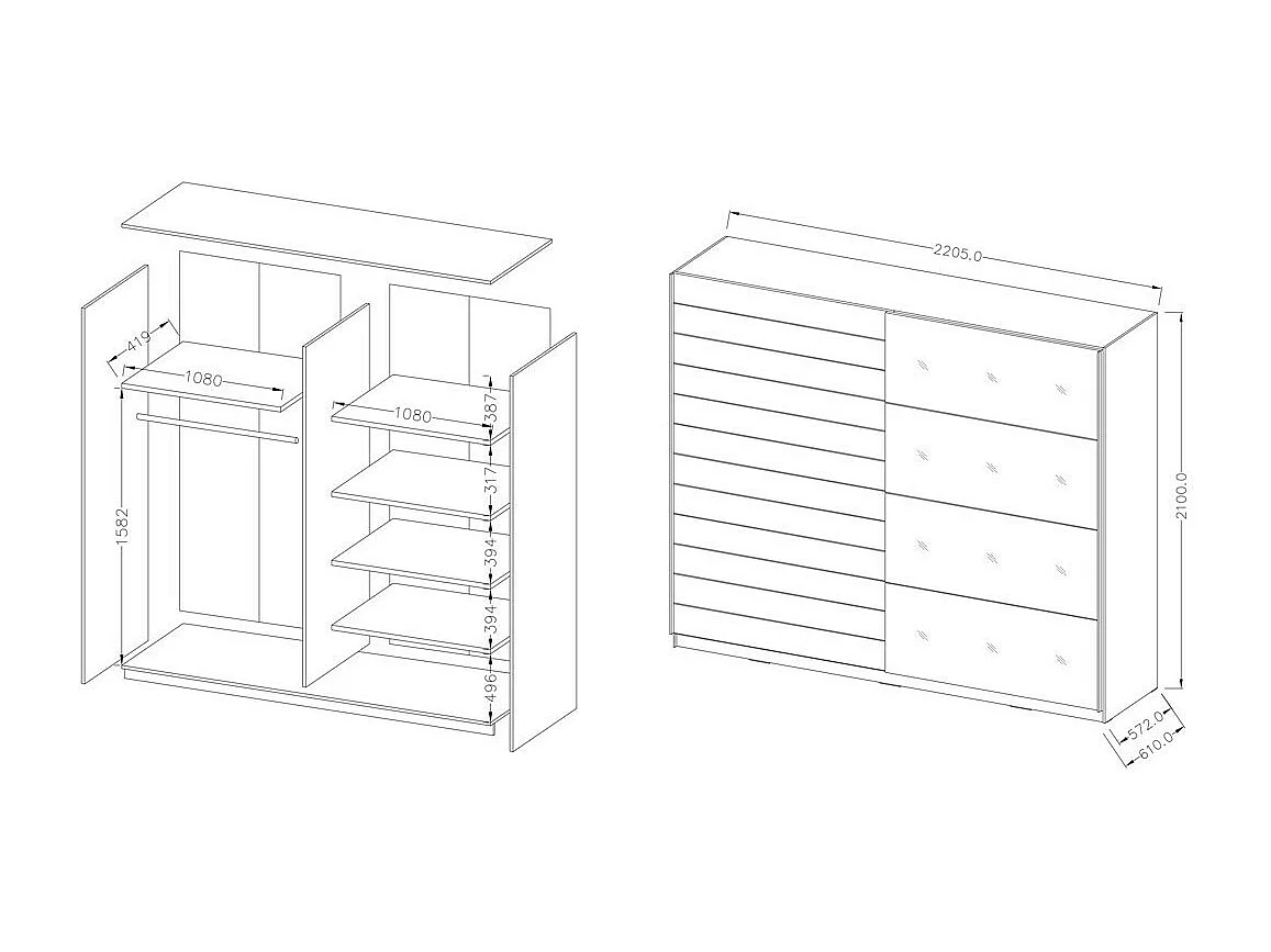 Chambre à coucher FLOYD : Armoire 220cm, Lit 180x200, commode, chevets. Coloris blanc effet bois.