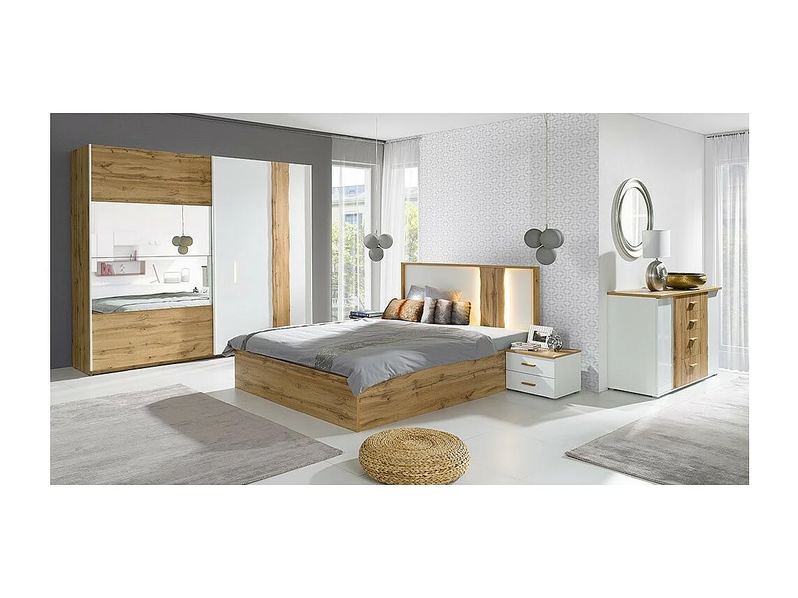 Slaapkamer WOOD in eiken en wit kleur met LED-opbergbed, commode, nachtkastjes en kledingkast