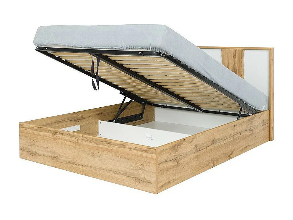 Slaapkamer WOOD in eiken en wit kleur met LED-opbergbed, commode, nachtkastjes en kledingkast