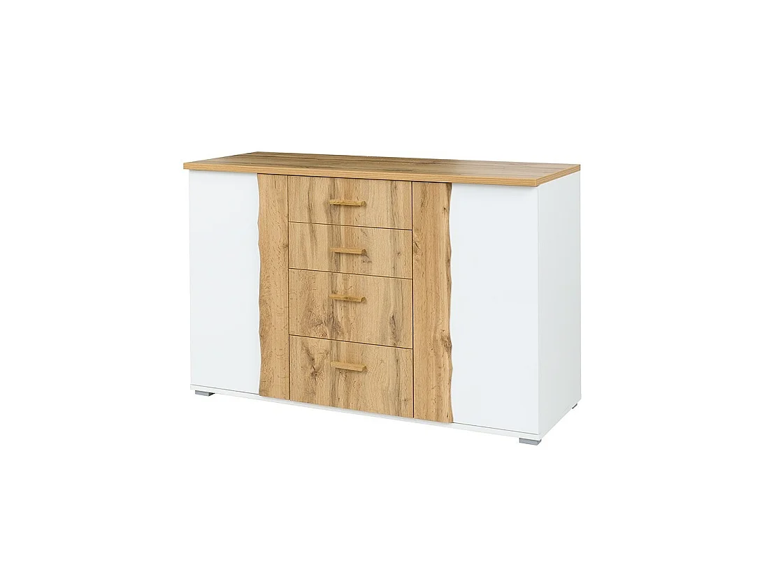 Camera WOOD colori rovere e bianco con letto contenitore LED, cassettiera, comodini e armadio