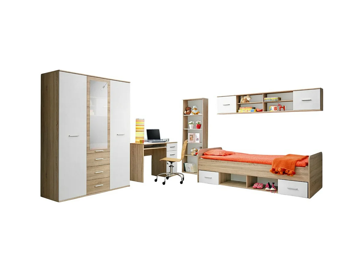 Kinder- und Jugendzimmer DENVER: Kleiderschrank mit 3 Türen, Bett, Bücherregal, Schreibtisch, Regal