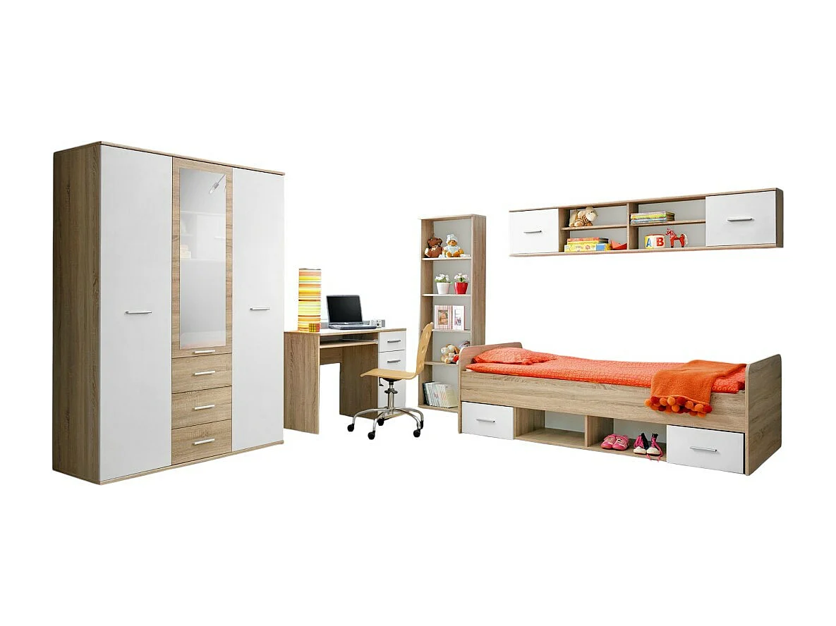 Habitación juvenil DENVER: armario de 3 puertas, cama, biblioteca, escritorio, estantería