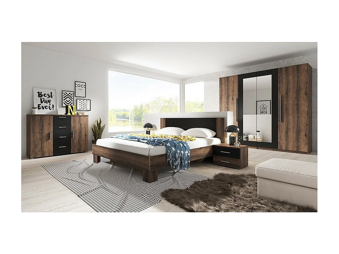 Chambre complète Irina imitation chêne foncé et noir : Lit 160x200 cm + armoire + commode + chevets.