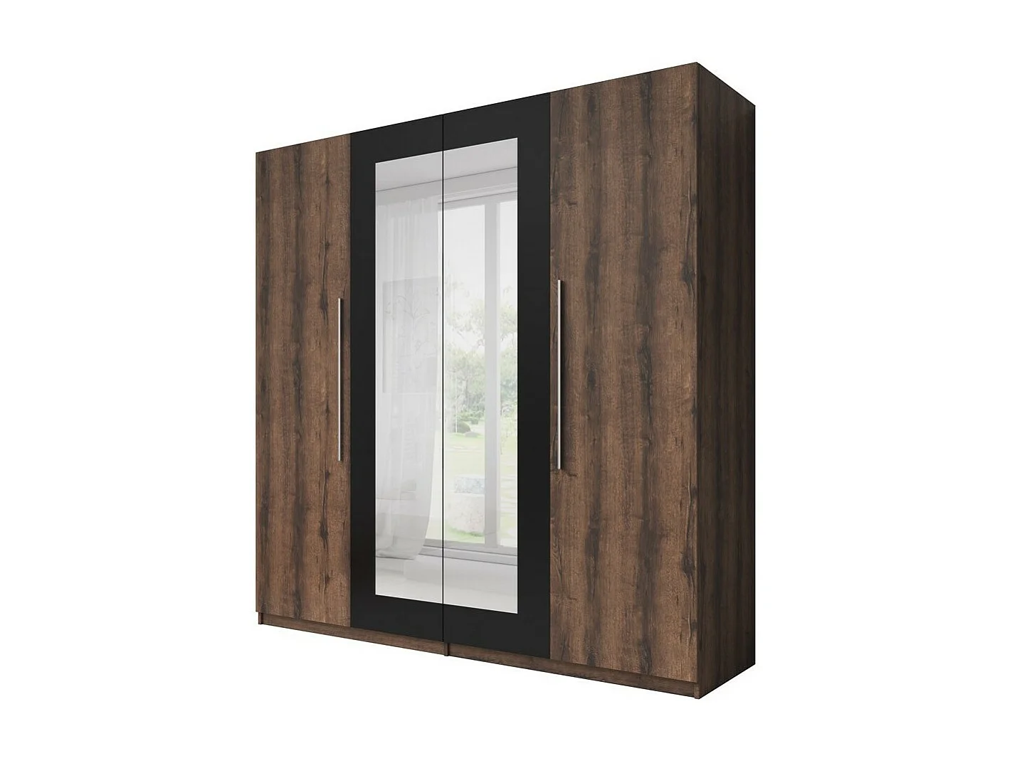 Komplettes Schlafzimmer Irina in dunkler Eichenoptik und Schwarz: Bett 180x200 cm + Schrank + Kommode + Nachttische.