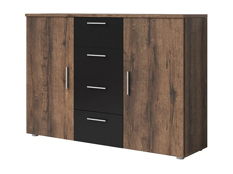 Komplettes Schlafzimmer Irina in dunkler Eichenoptik und Schwarz: Bett 180x200 cm + Schrank + Kommode + Nachttische.