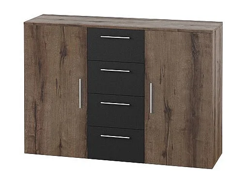 Komplettes Schlafzimmer Irina in dunkler Eichenoptik und Schwarz: Bett 180x200 cm + Schrank + Kommode + Nachttische.