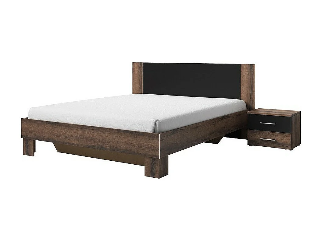 Komplettes Schlafzimmer Irina in dunkler Eichenoptik und Schwarz: Bett 180x200 cm + Schrank + Kommode + Nachttische.