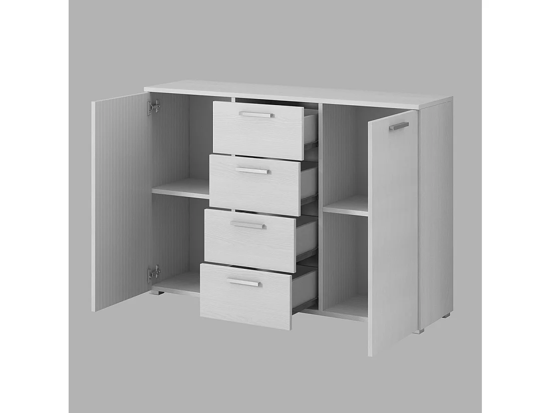 Chambre à coucher FLOYD : Armoire 200cm, Lit 180x200, commode, chevets. Coloris blanc effet bois.