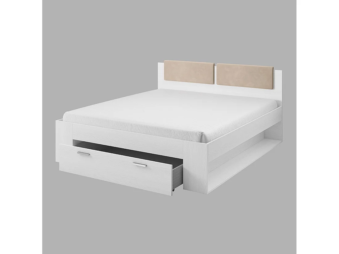 Chambre à coucher FLOYD : Armoire 200cm, Lit 180x200, commode, chevets. Coloris blanc effet bois.