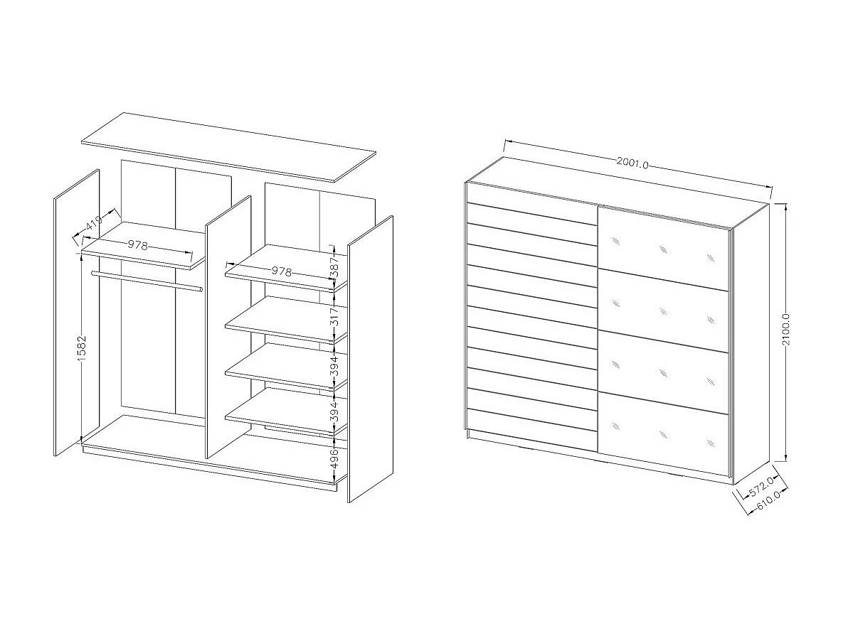 Chambre à coucher FLOYD : Armoire 200cm, Lit 180x200, commode, chevets. Coloris blanc effet bois.