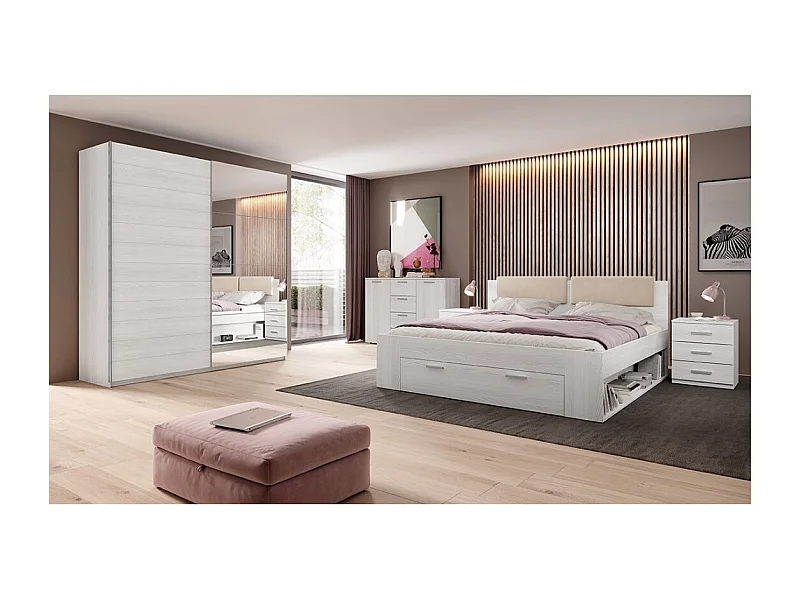 Schlafzimmer FLOYD: Kleiderschrank 200cm, Bett 180x200, Kommode, Nachttische. Farbe Weiß mit Holzeffekt.