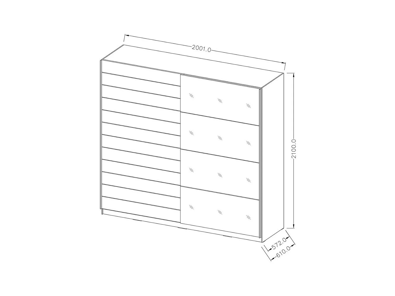Slaapkamer EOS: Kast 2 meter, Bed 180x200, dressoir, nachtkastjes. Kleur donkereiken en zwart.