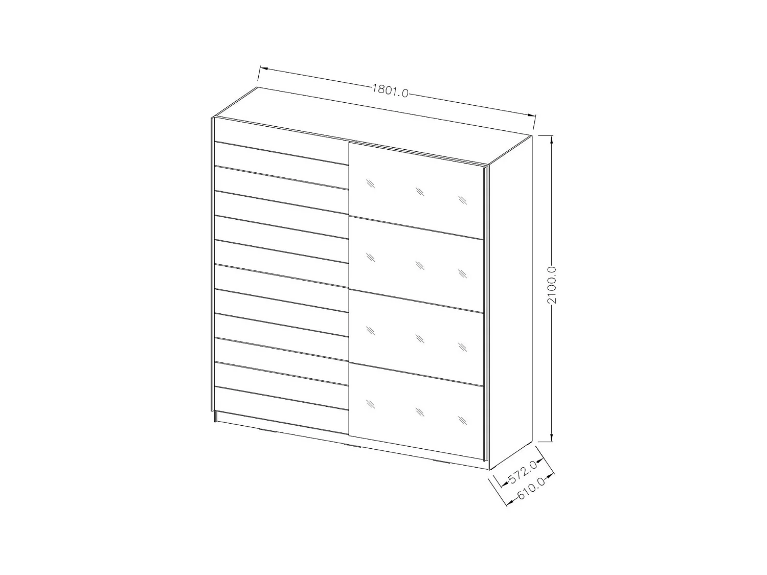 Chambre à coucher EOS : Armoire, Lit 160x200, commode, chevets. Couleur chêne foncé et noir