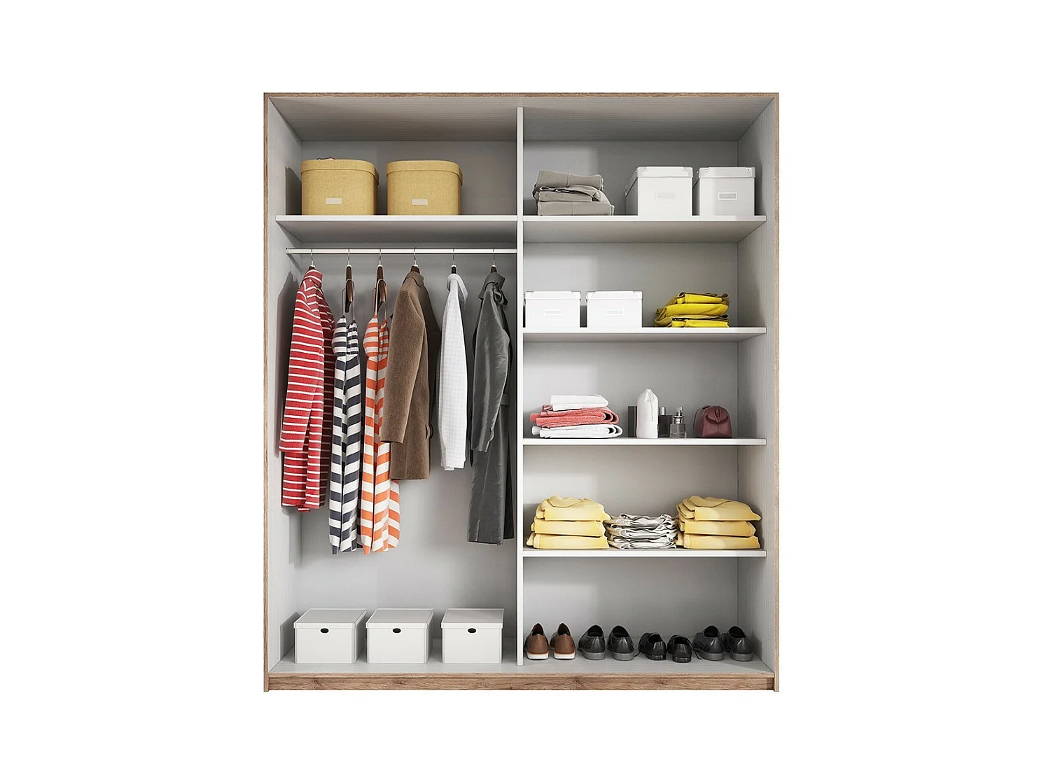 Slaapkamer EOS: Kledingkast, Bed 160x200, Dressoir, Nachtkastjes. Kleur donkereiken en zwart.