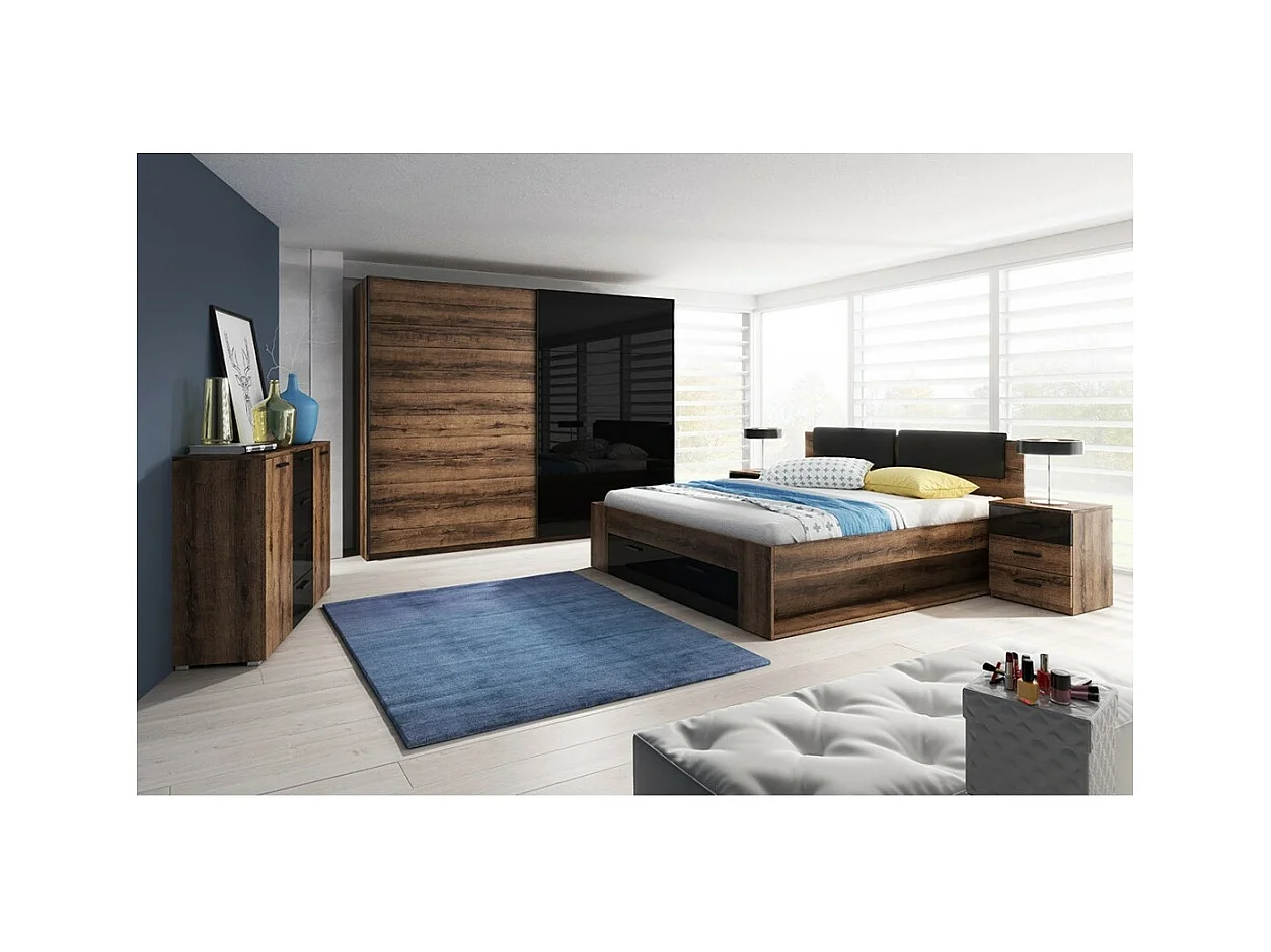 Chambre à coucher FLOYD : Armoire 200cm, Lit 140x200, commode, chevets. Couleur chêne foncé et noir brillant