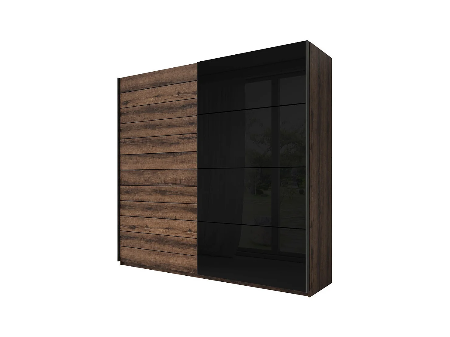 Schlafzimmer FLOYD: Kleiderschrank 200 cm, Bett 140x200, Kommode, Nachttische. Farbe Dunkel-Eiche und glänzend Schwarz.